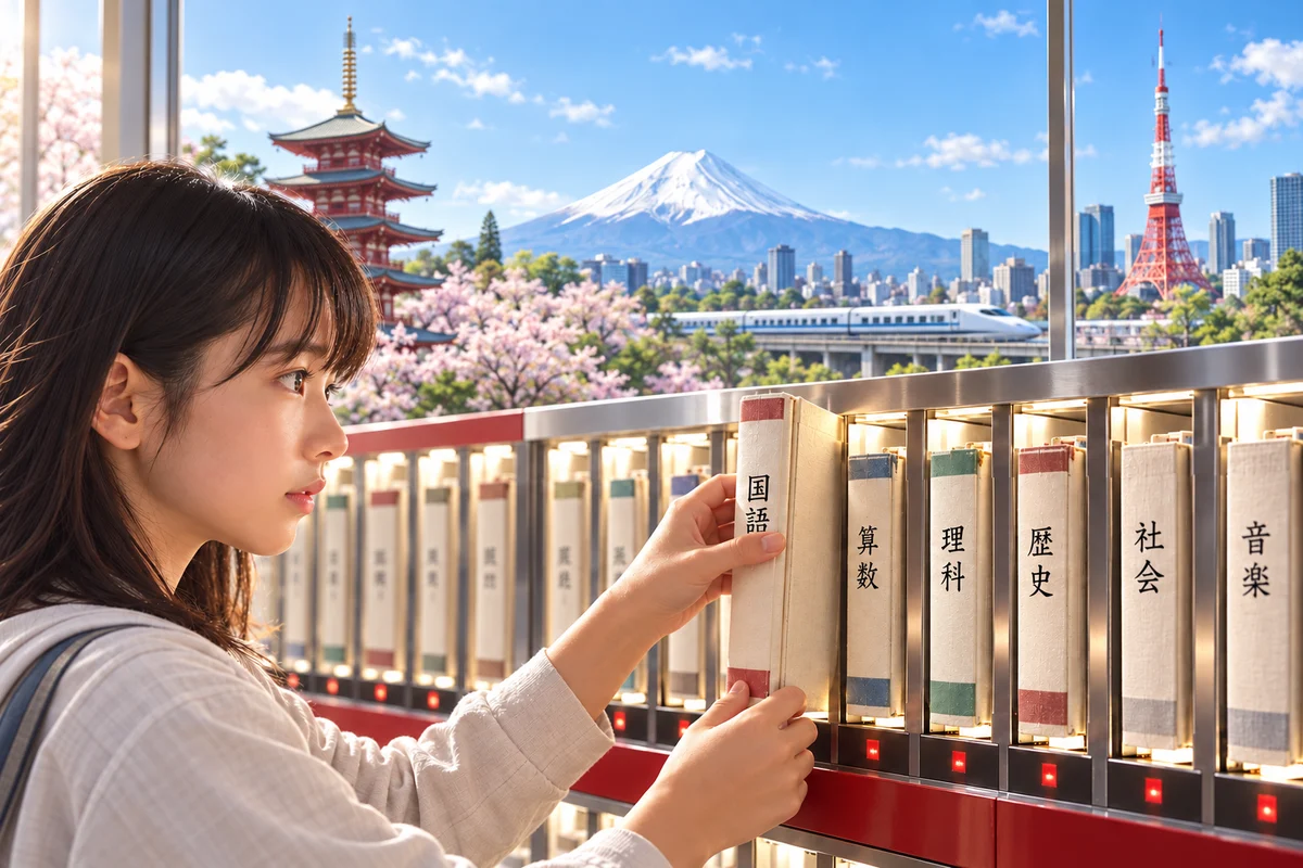 日本の少女がメモリー装置のような棚から「国語」の本を引き出す。算数・理科・歴史・社会・音楽の本が並び、窓の外に五重塔、富士山、新幹線、赤白の東京タワーと青空が見えるイメージ。